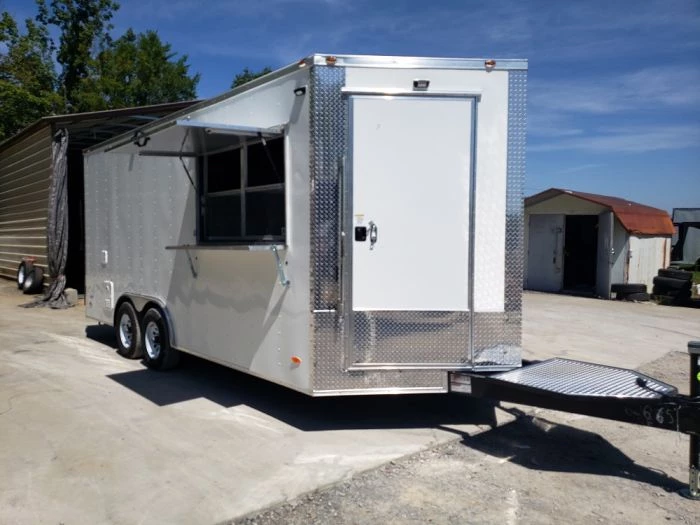 8.5' x 18' White Concession Food Trailer with Restroom 1 8.5' x 18' White Concession Food Trailer with Restroom