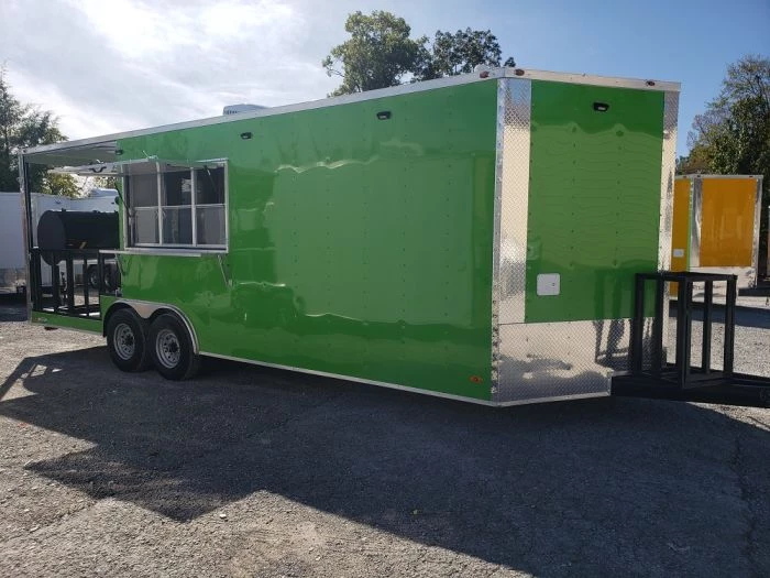 8.5' x 24' Lime Green Porch Style Concession Trailer with Restroom and Appliances 1 8.5' x 24' Lime Green Porch Style Concession Trailer with Restroom and Appliances