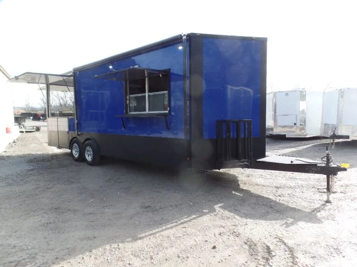 8.5' x 22' Cobalt Blue Porch Style Concession Food Trailer 1 8.5' x 22' Cobalt Blue Porch Style Concession Food Trailer